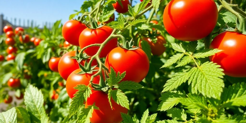 Reife Tomaten in einem Garten unter klarem Himmel.