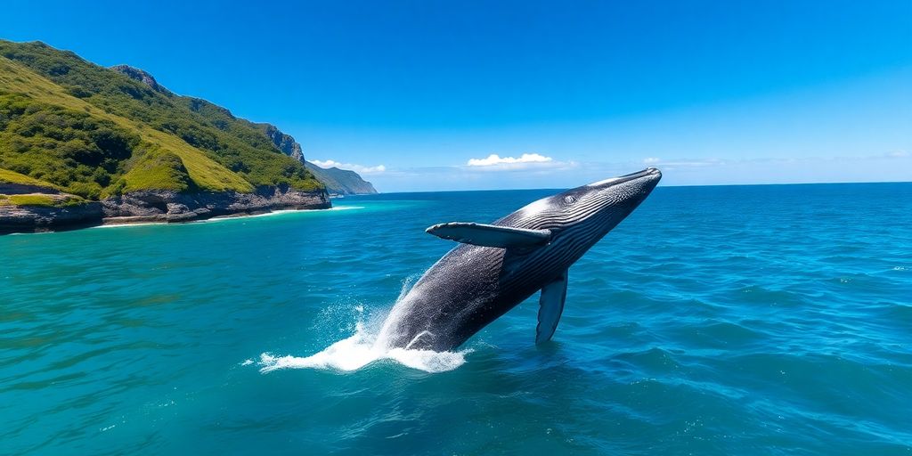Whale breaching near Rurutu island's cliffs.