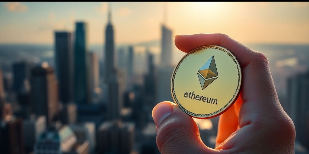 Hand holding Ethereum coin with city skyline background.