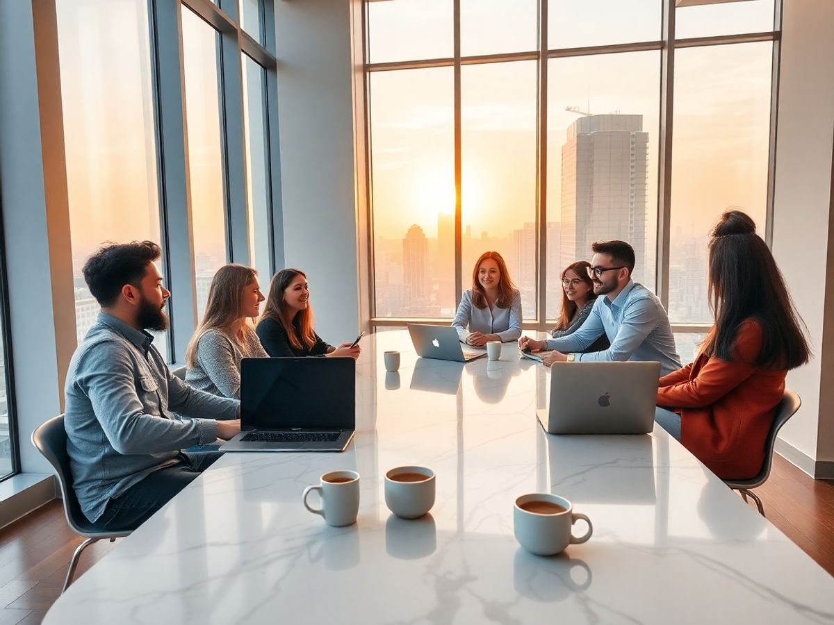 Echipă startup reunită în spațiu luminos modern cu vedere urbană.