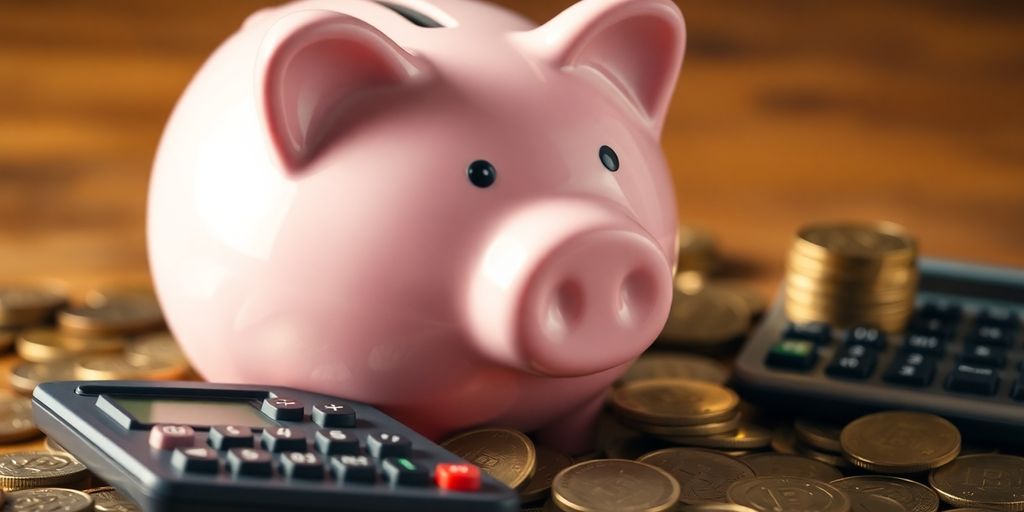 Piggy bank with coins and a calculator on a table.
