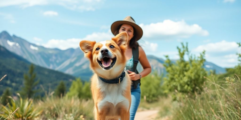 A person walking their dog in a scenic landscape.