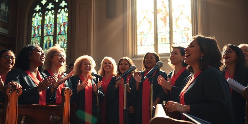 Choir singing, bright stage lights, historic church interior.