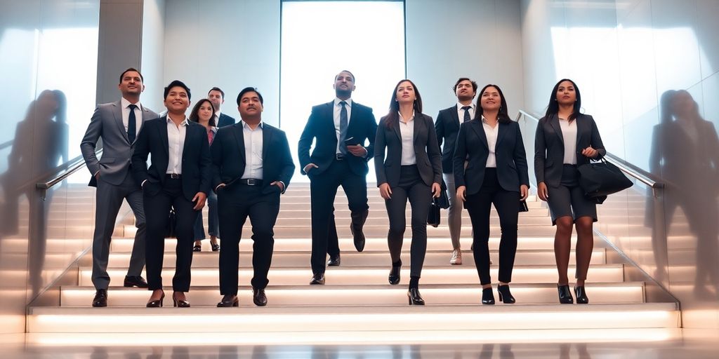 Diverse business team, ascending steps, bright future.