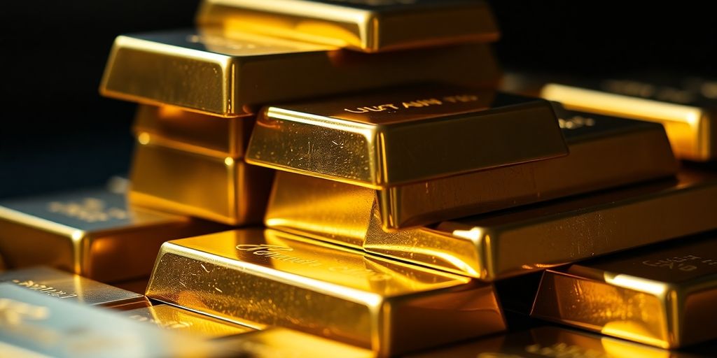 Barres d'or empilées avec éclat et lumière.