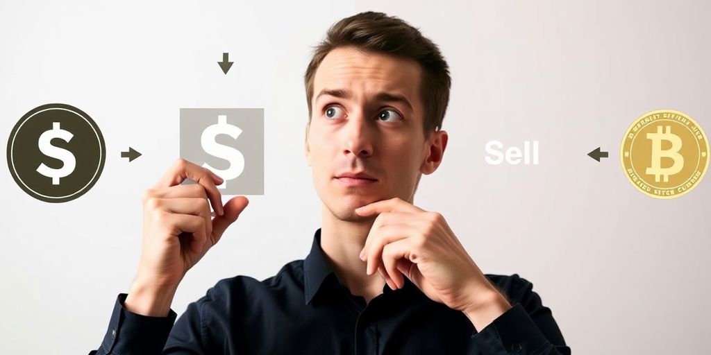 Cryptocurrency trading decisions with arrows.