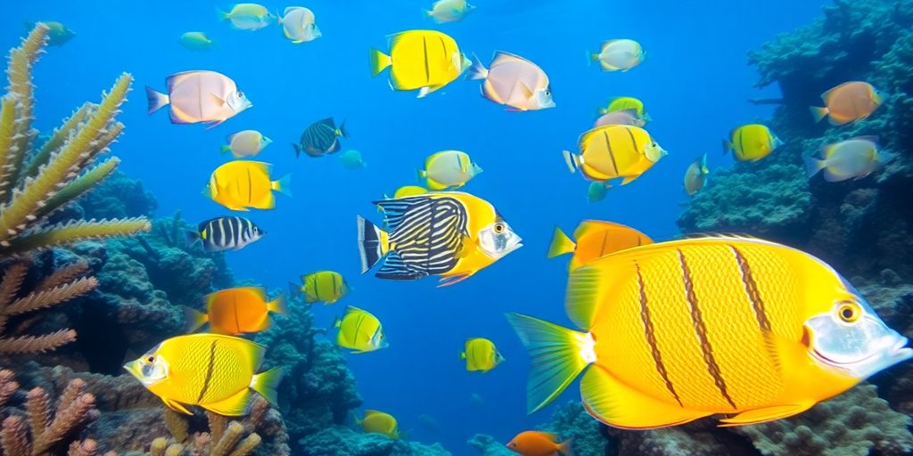 Makukulay na tropikal na isda na lumalangoy sa masiglang aquatic na tanawin.