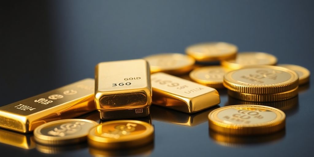 Photo de lingots et pièces d'or sur une surface sombre.