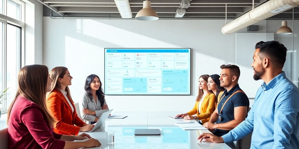 Professionals collaborating around a digital workflow interface.