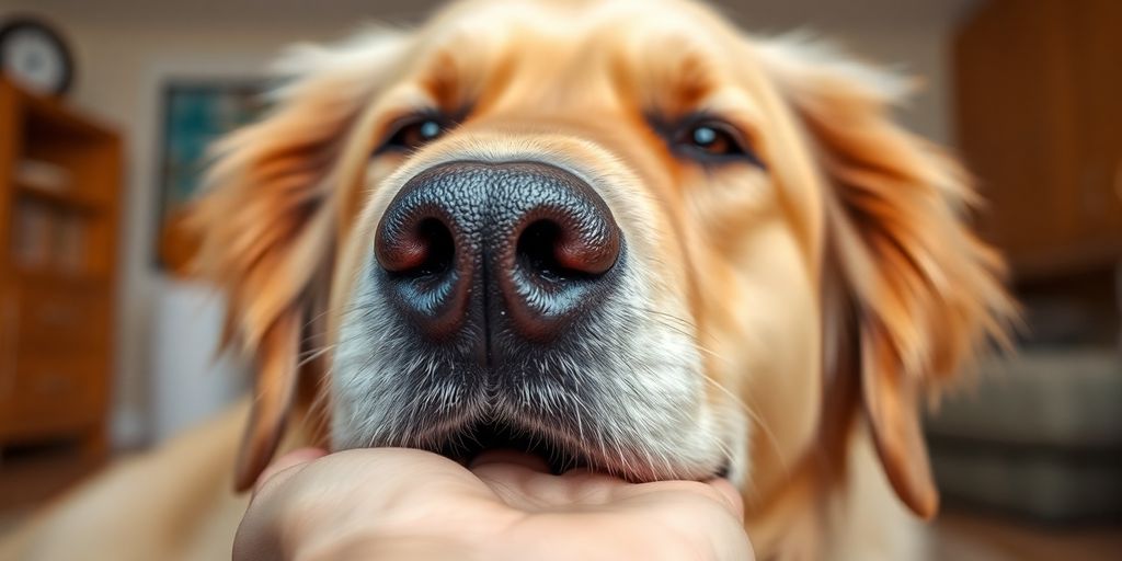 Elderly dog rests head on owner's comforting hand.