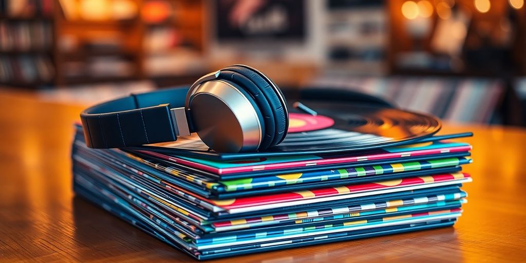Colorful vinyl records and headphones on a wooden table.