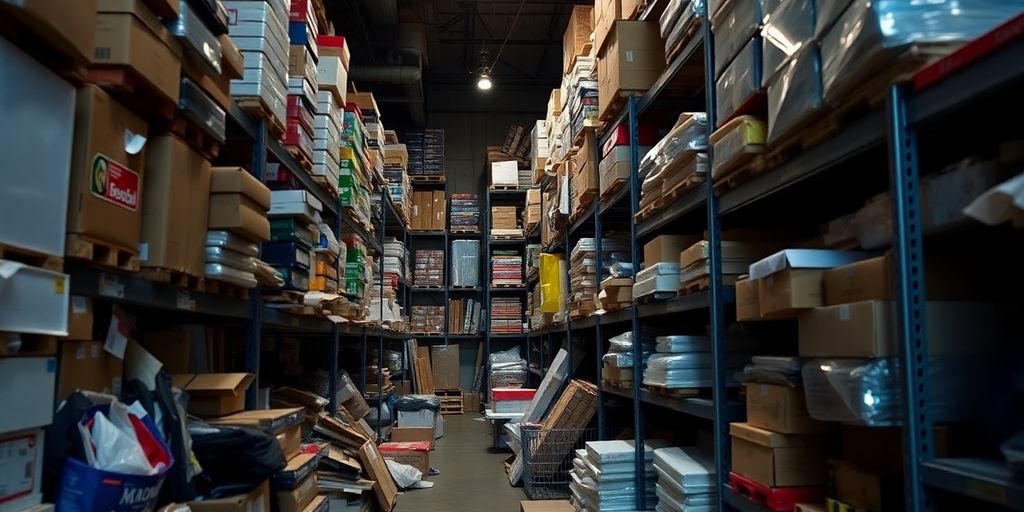 Cluttered warehouse with disorganized shelves and narrow aisles.