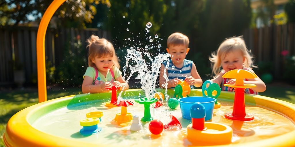 Buntes Wassertischspielzeug mit spielenden Kindern im Freien.