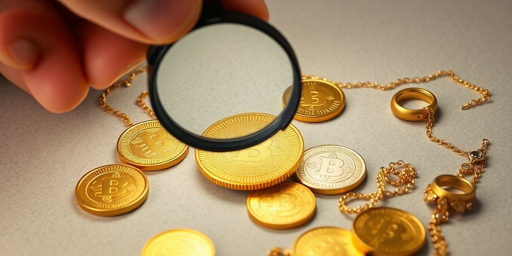 Pièce d'or, bijoux, main, loupe, fond neutre
