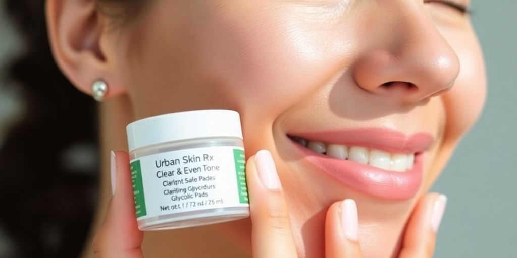 Woman holding skincare product, glowing skin.