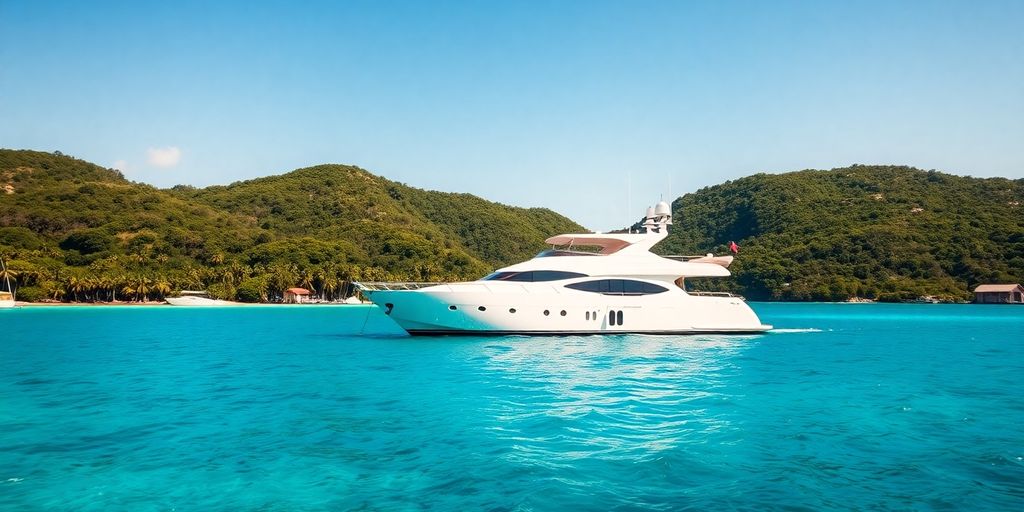 Yacht anchored in turquoise British Virgin Islands bay.