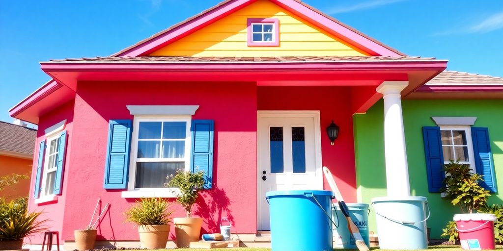 Freshly painted house with brushes and paint buckets.