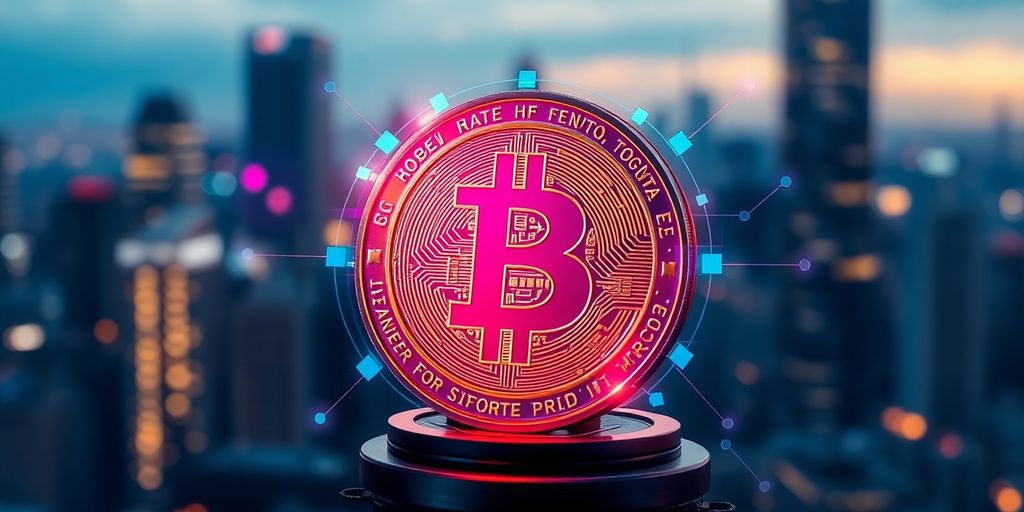 Close-up of a cryptocurrency coin with futuristic elements.