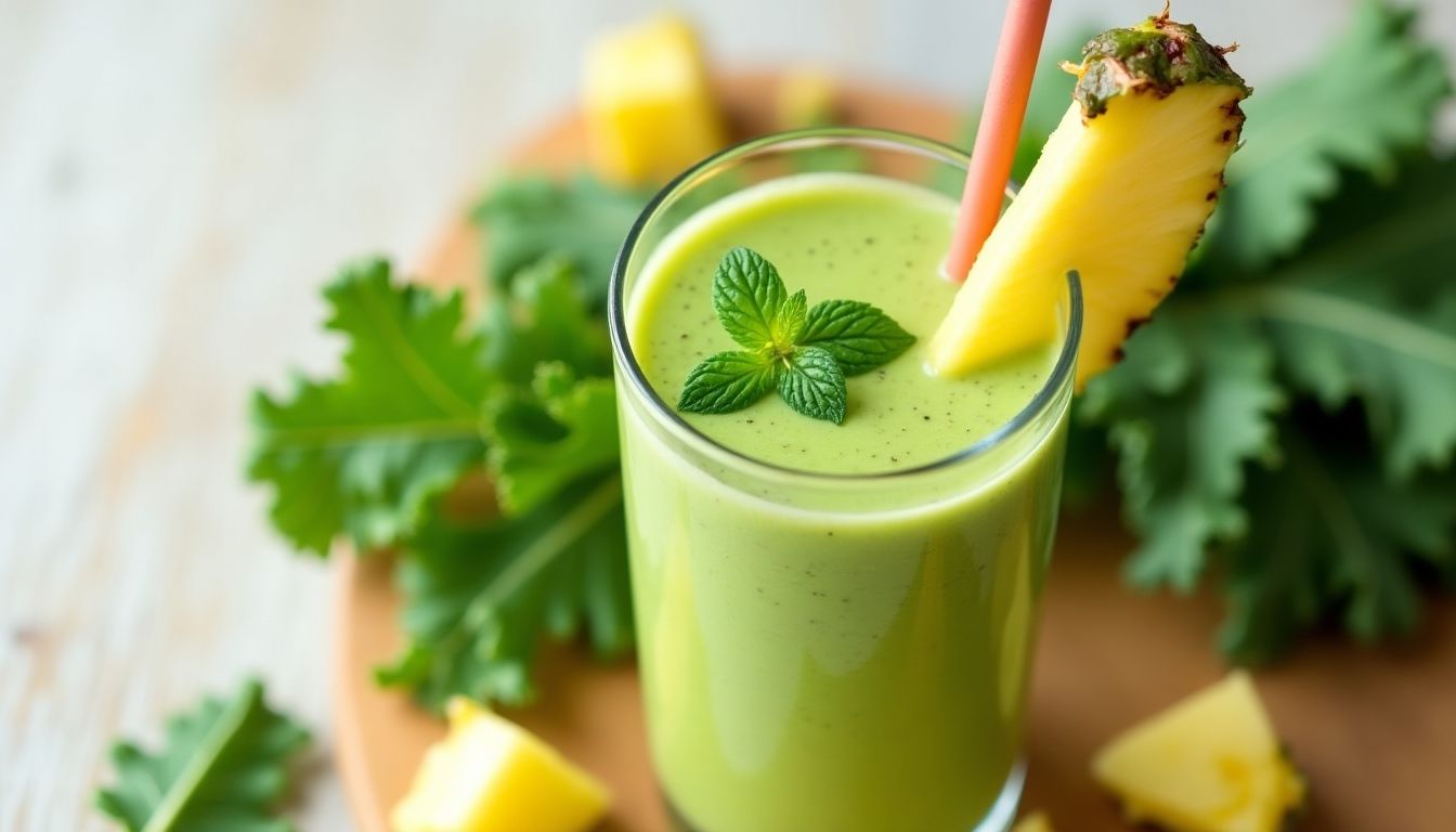 Kale Pineapple Smoothie with fresh ingredients around it.