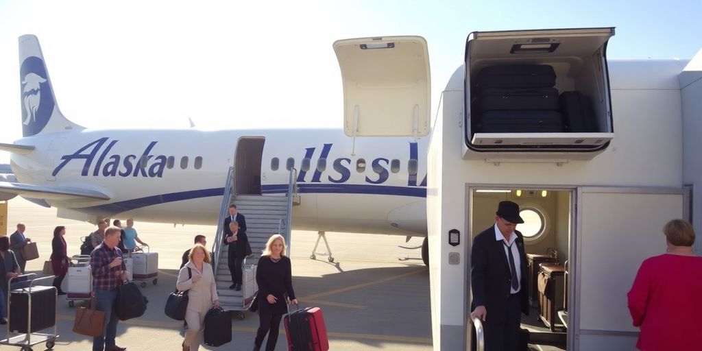 Passengers boarding Alaska Airlines plane with crew loading carry-on luggage