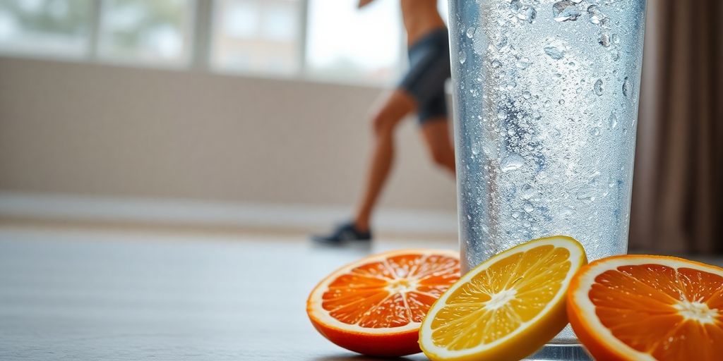Sparkling water glass, fresh fruit, active person.