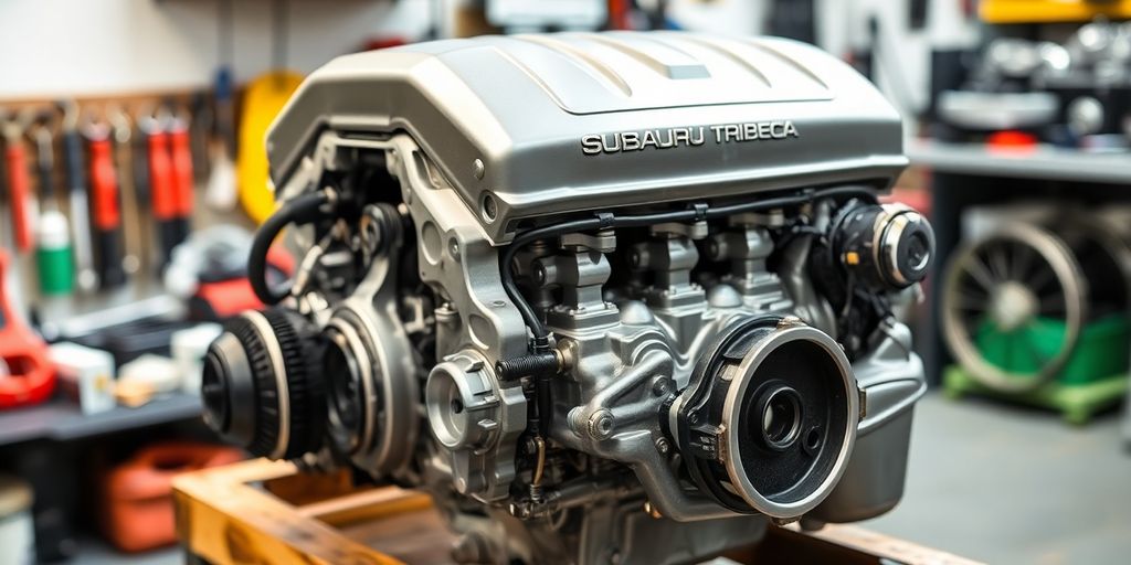 Subaru Tribeca engine block with workshop background.