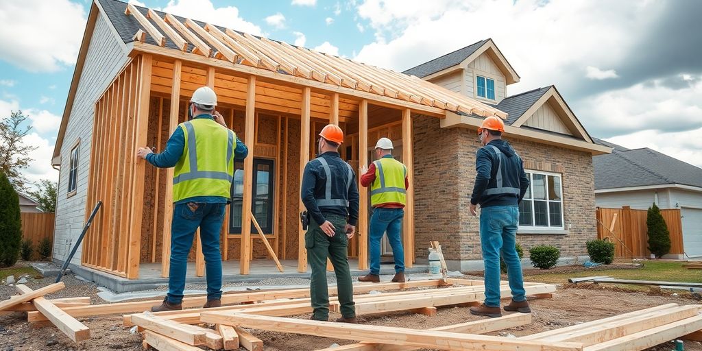 Construction workers building a house in Suwanee.