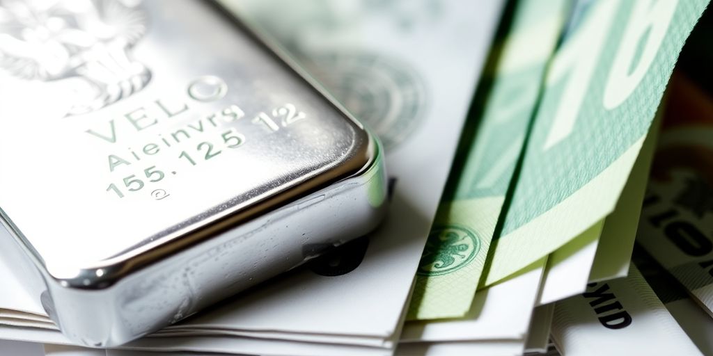 Billet de banque et lingot d'argent brillant juxtaposés.