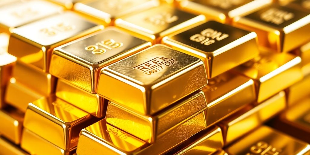 Lingots d'or et d'argent brillants et empilés sous une lumière vive.