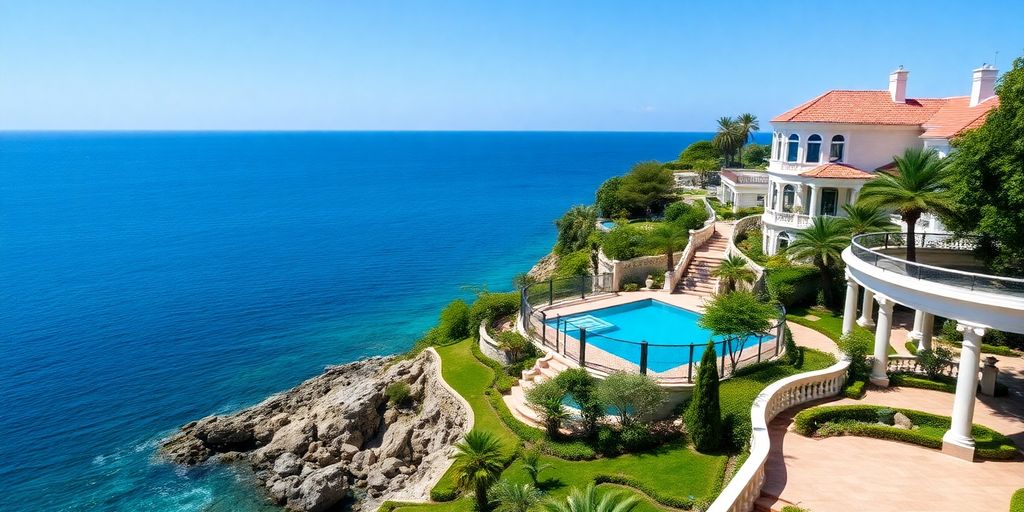 Luxury coastal cottage overlooking a serene blue ocean.