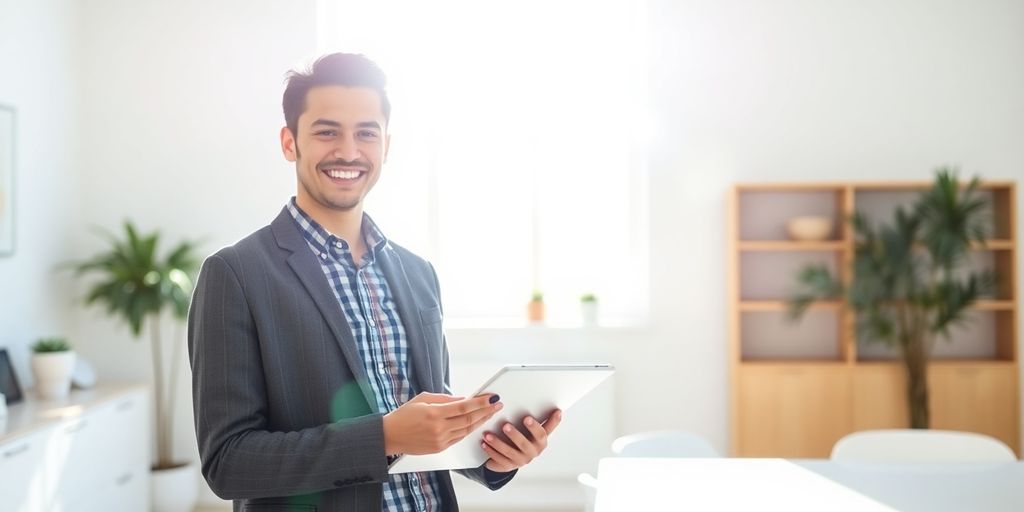 Person smiling, holding a tablet, and talking.