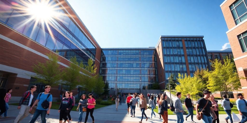 Bâtiment emblématique du RIT avec des étudiants discutant.