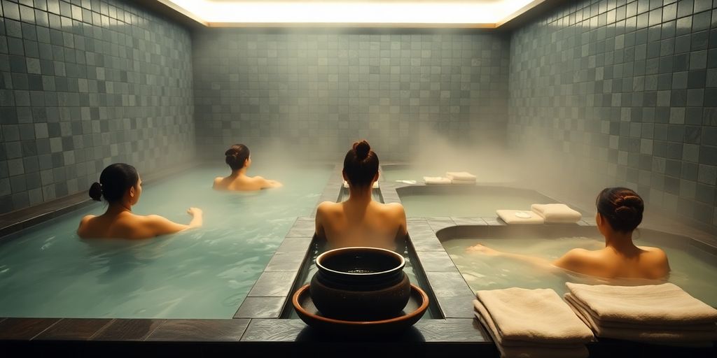 Steaming Korean spa room with people relaxing in tubs.