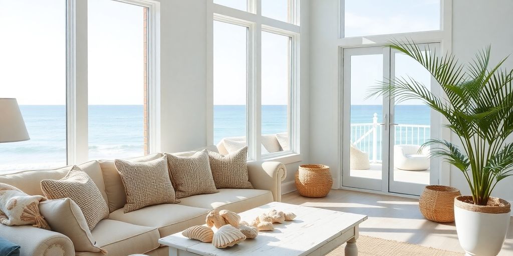 Coastal living room, light, natural textures, ocean hues.