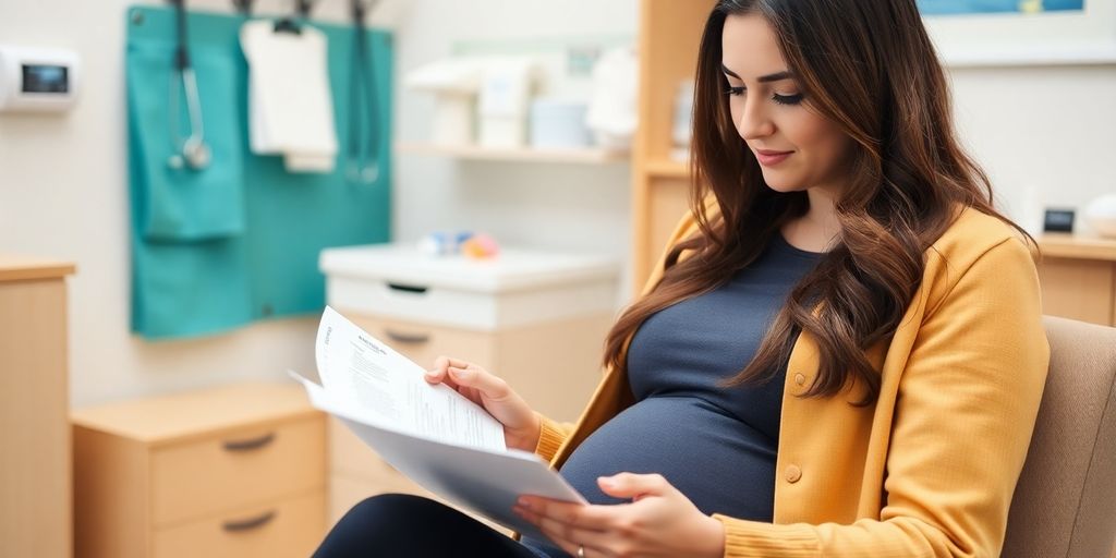 Mulher grávida em consulta médica, segurando documentos.