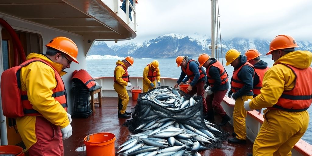 Alaskan fishermen in safety gear working on a boat.