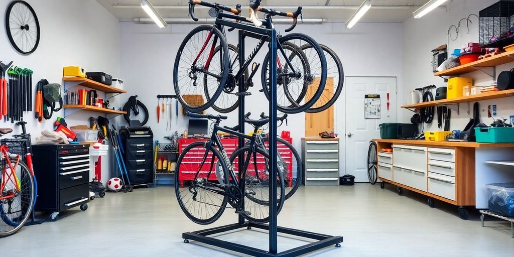 Modern standing bike rack in a tidy garage space.