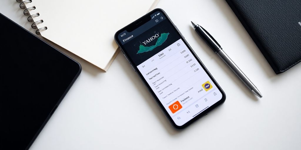 Smartphone with Yahoo Finance app in a workspace setting.
