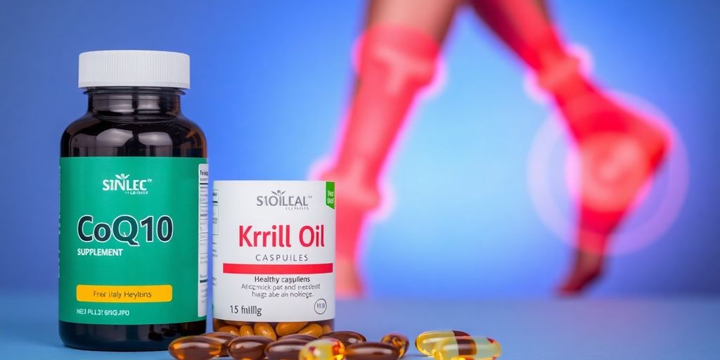 Krill oil capsules and CoQ10 supplement bottle with healthy joints.