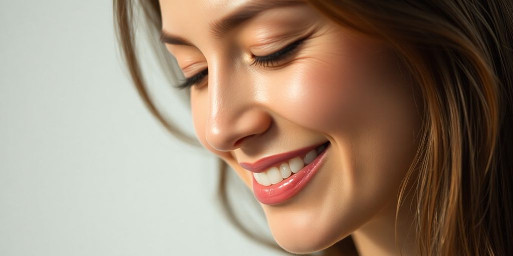 Woman smiling, serene, reflecting good thoughts.