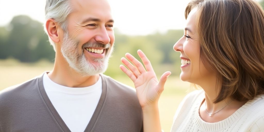 Couple embracing warmly, vibrant colors suggesting health and connection.