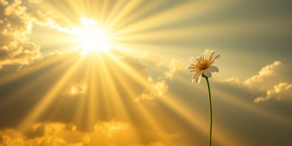 Sunlight streams through clouds onto a vibrant, blooming flower.
