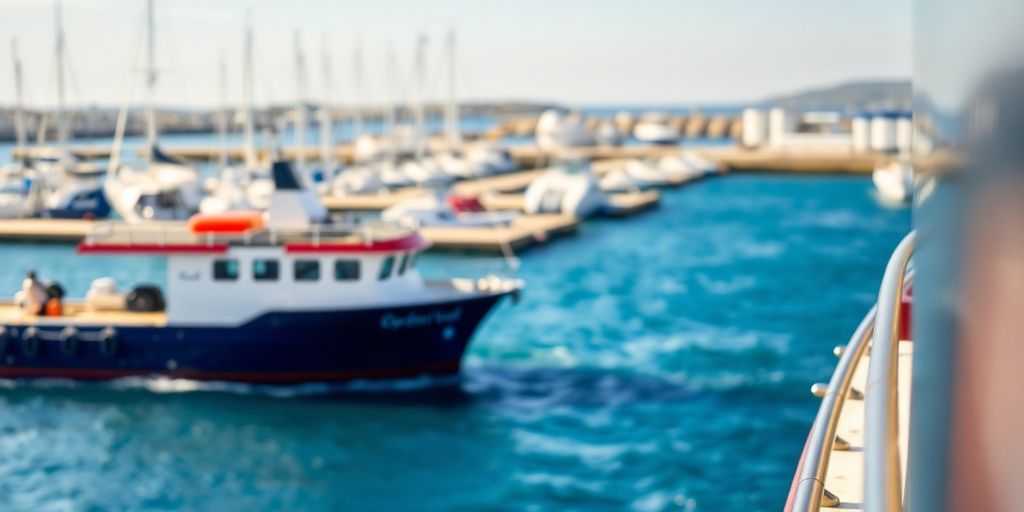Ship at sea with blurred marina background.