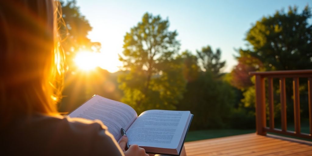 Sunrise illuminates a person journaling outdoors.
