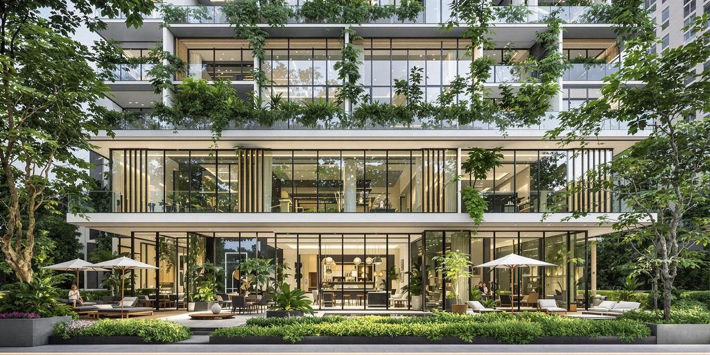 Luxury condo in Thonglor, modern architecture and greenery.