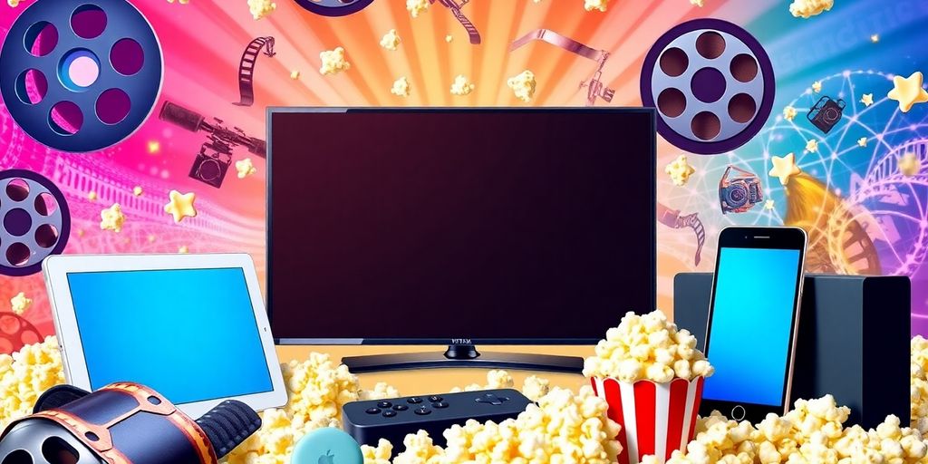 Collage of streaming devices with film reels and popcorn.