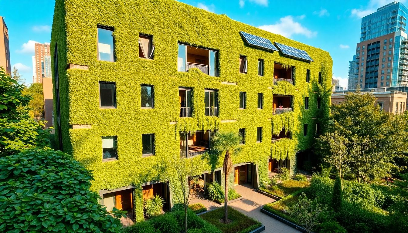 Modern eco-friendly building with greenery and solar panels.
