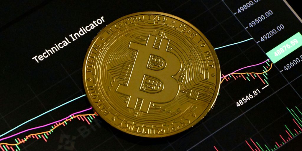 Bitcoin coin on a cryptocurrency trading graph background.