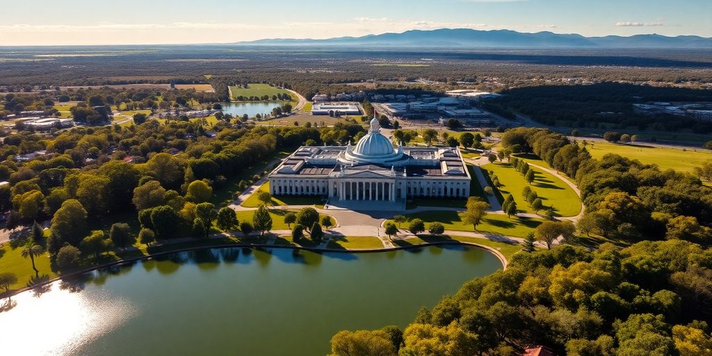 Aerial view of Canberra with Parliament House and lake.