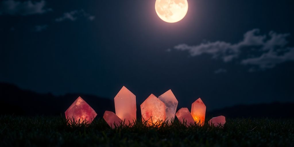 Crystals under a bright strawberry moon at night.
